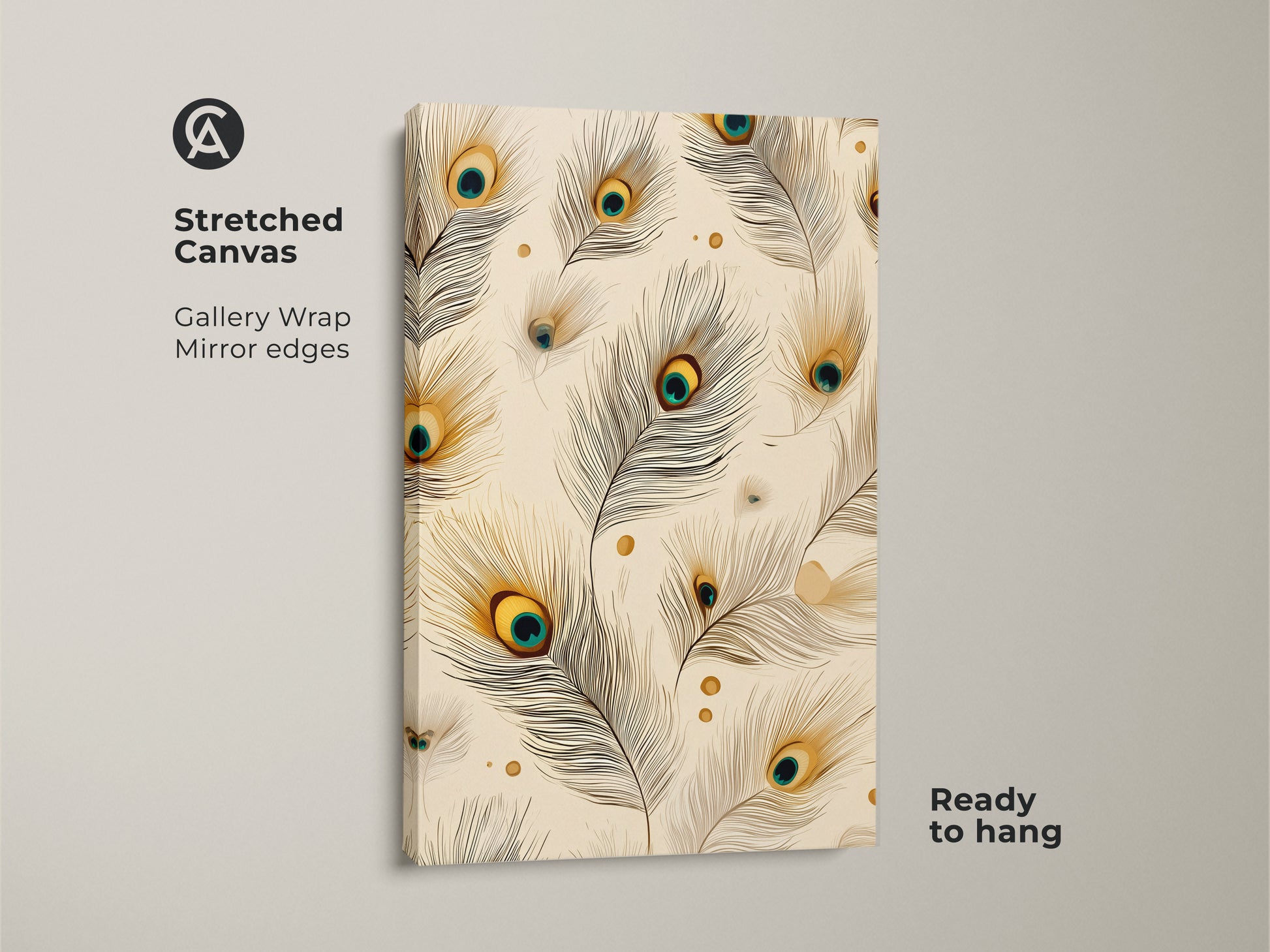 Stretched canvas of peacock feather artwork with gallery wrapped mirror edges. Boho abstract canvas print ready to hang. The cream teal and gold artwork brings a touch of nature to your home. Perfect for bohemian bedroom art and nature lovers.
