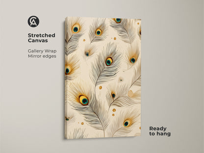 Stretched canvas of peacock feather artwork with gallery wrapped mirror edges. Boho abstract canvas print ready to hang. The cream teal and gold artwork brings a touch of nature to your home. Perfect for bohemian bedroom art and nature lovers.