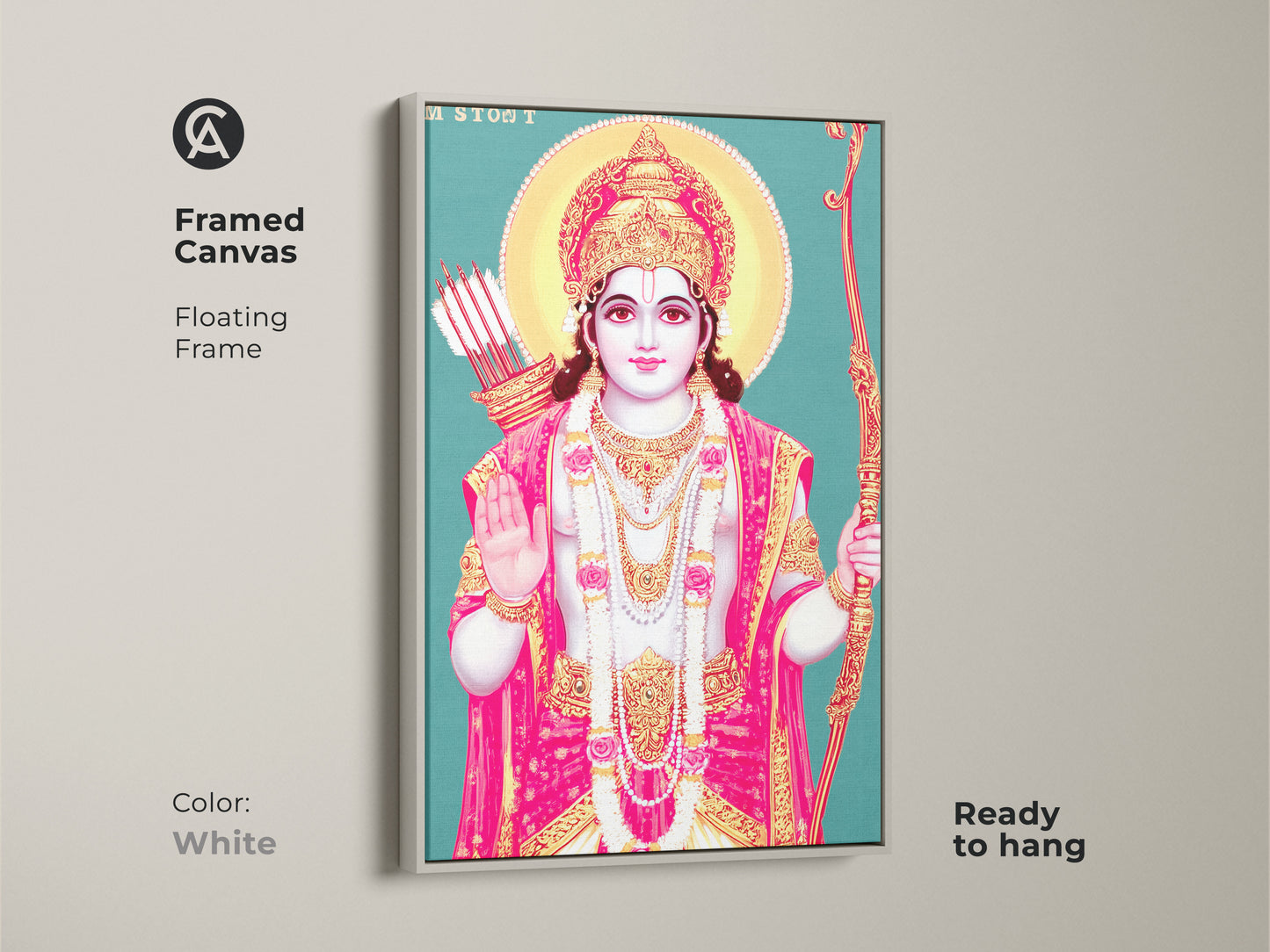 Framed canvas of Lord Rama wall art with a white floating frame. Ready to hang religious artwork. The teal gold and pink palette makes it an eye-catching deity print.