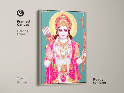 Framed canvas of Lord Rama wall art with a white floating frame. Ready to hang religious artwork. The teal gold and pink palette makes it an eye-catching deity print.