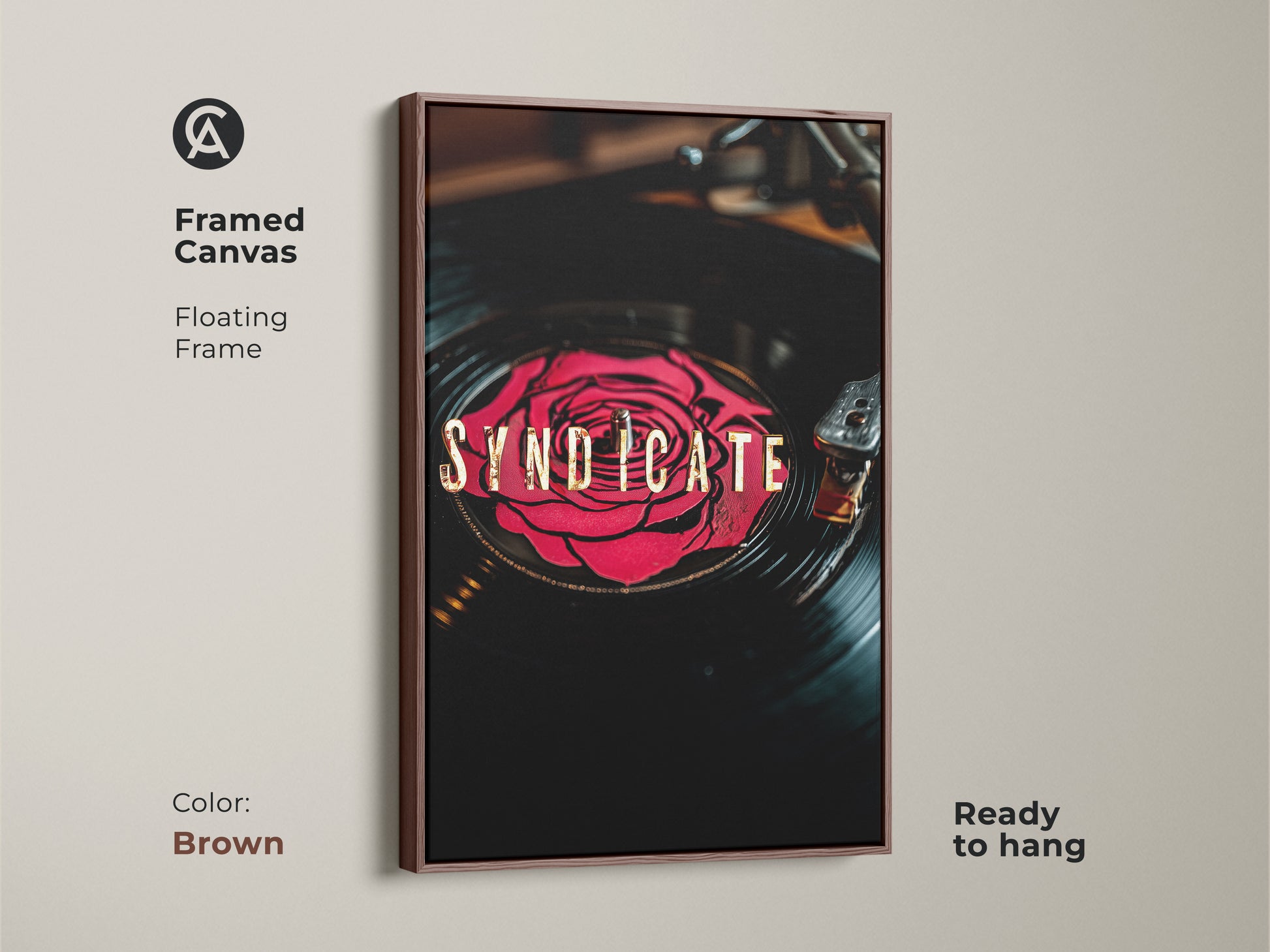 Brown framed canvas of Syndicate vinyl record artwork. The artwork features a red rose design on a vinyl record with gold typography. Floating frame is ready to hang. Great for music lovers.