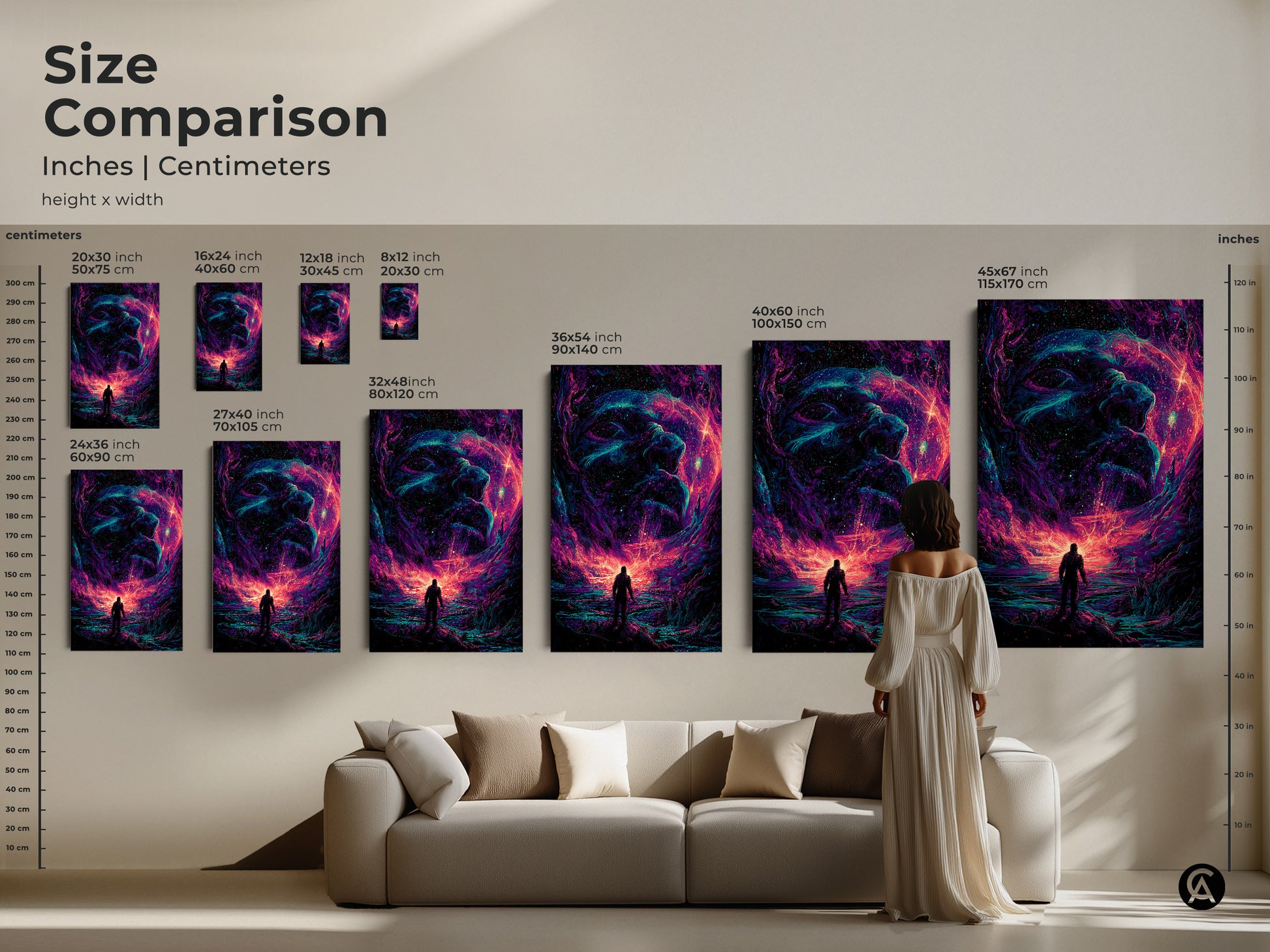 Size comparison of galaxy artwork in inches and centimeters. The artwork features a figure staring at a cosmic face. See how each size transforms a room. This artwork is available in multiple sizes to suit your needs. Explore the possibilities today.