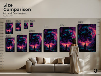 Size comparison of galaxy artwork in inches and centimeters. The artwork features a figure staring at a cosmic face. See how each size transforms a room. This artwork is available in multiple sizes to suit your needs. Explore the possibilities today.