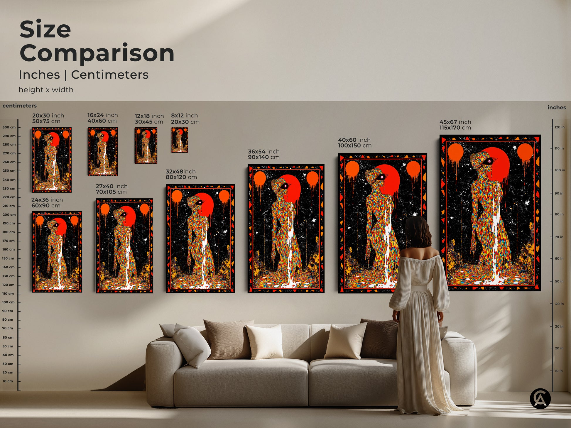 Size comparison featuring inches and centimeters of art pieces. A woman stands beside multi-colored psychedelic art. Envision surreal drip effect wall art in your home. This canvas art adds a touch of eclectic home decor. Black accents bring a modern surrealism print to life. Elevate your living space with this art.