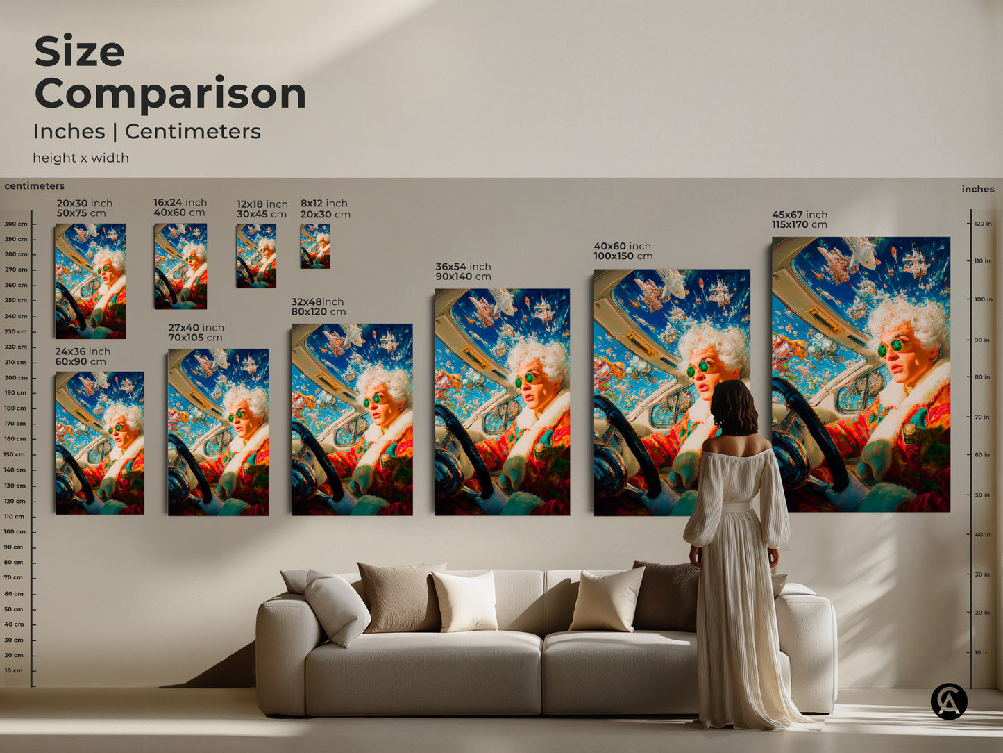 Compare the sizes of this artwork. See how the art scales in different dimensions. Visualize the impact on your wall. The artwork features an eccentric driver surrounded by flying objects. Choose the perfect size for your home.