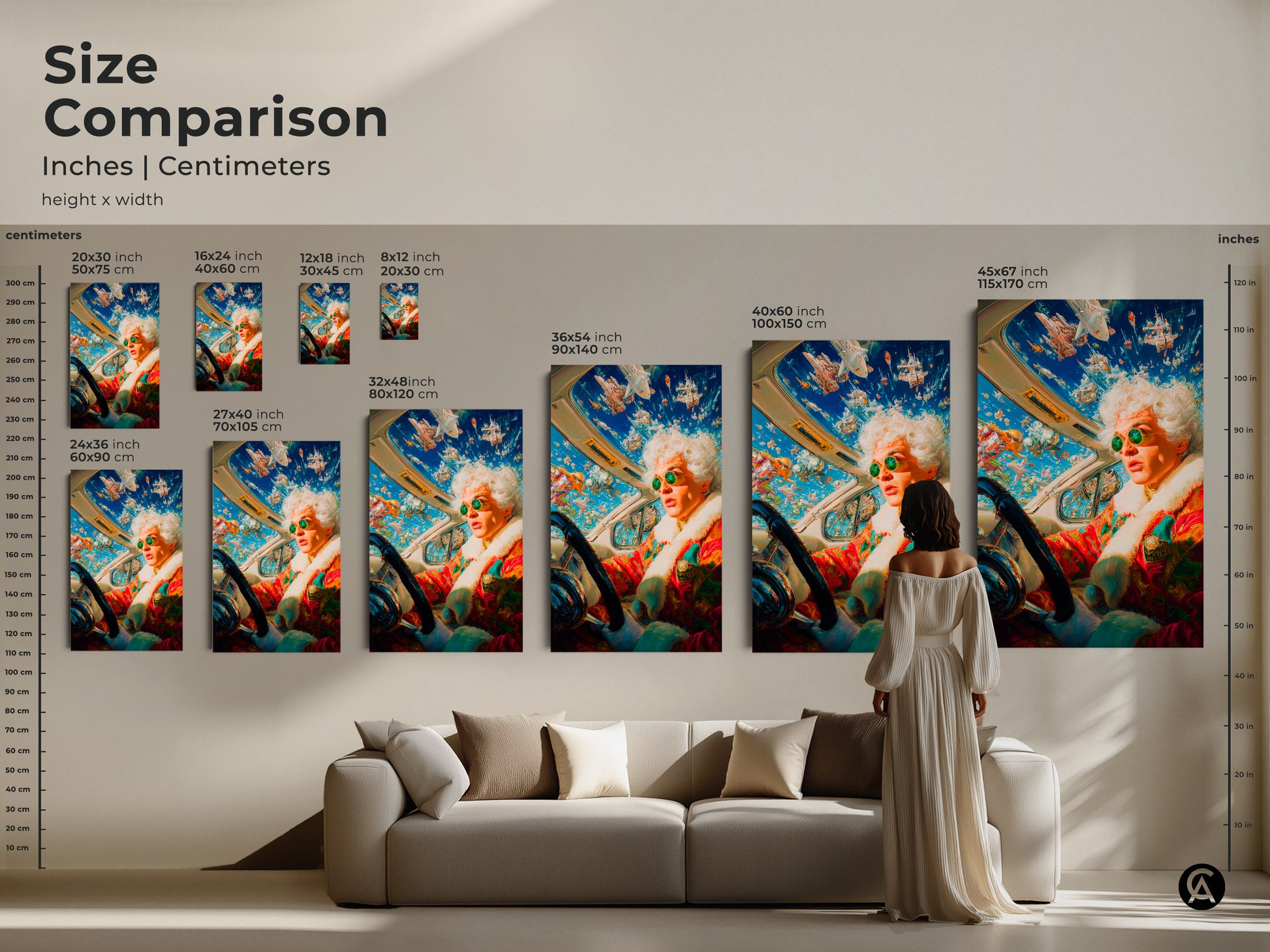 Compare the sizes of this artwork. See how the art scales in different dimensions. Visualize the impact on your wall. The artwork features an eccentric driver surrounded by flying objects. Choose the perfect size for your home.