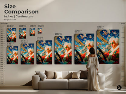 Compare the sizes of this artwork. See how the art scales in different dimensions. Visualize the impact on your wall. The artwork features an eccentric driver surrounded by flying objects. Choose the perfect size for your home.
