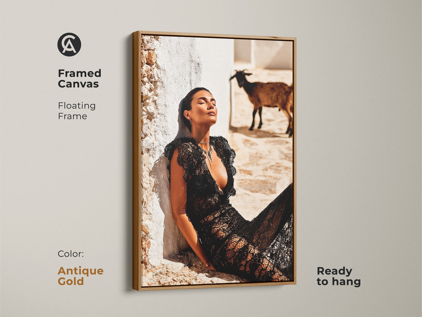 Framed Canvas with a floating antique gold frame. The artwork captures a woman in black lace dress with a goat. Ready to hang and perfect for eclectic decor. A distinctive piece for housewarming. Ideal for bedroom wall decor. The art enhances any space.