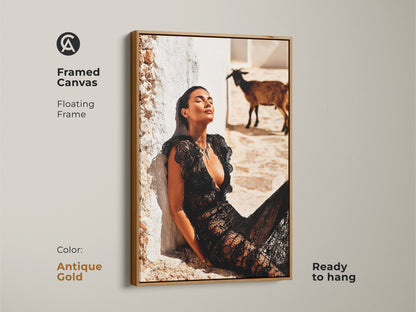 Framed Canvas with a floating antique gold frame. The artwork captures a woman in black lace dress with a goat. Ready to hang and perfect for eclectic decor. A distinctive piece for housewarming. Ideal for bedroom wall decor. The art enhances any space.