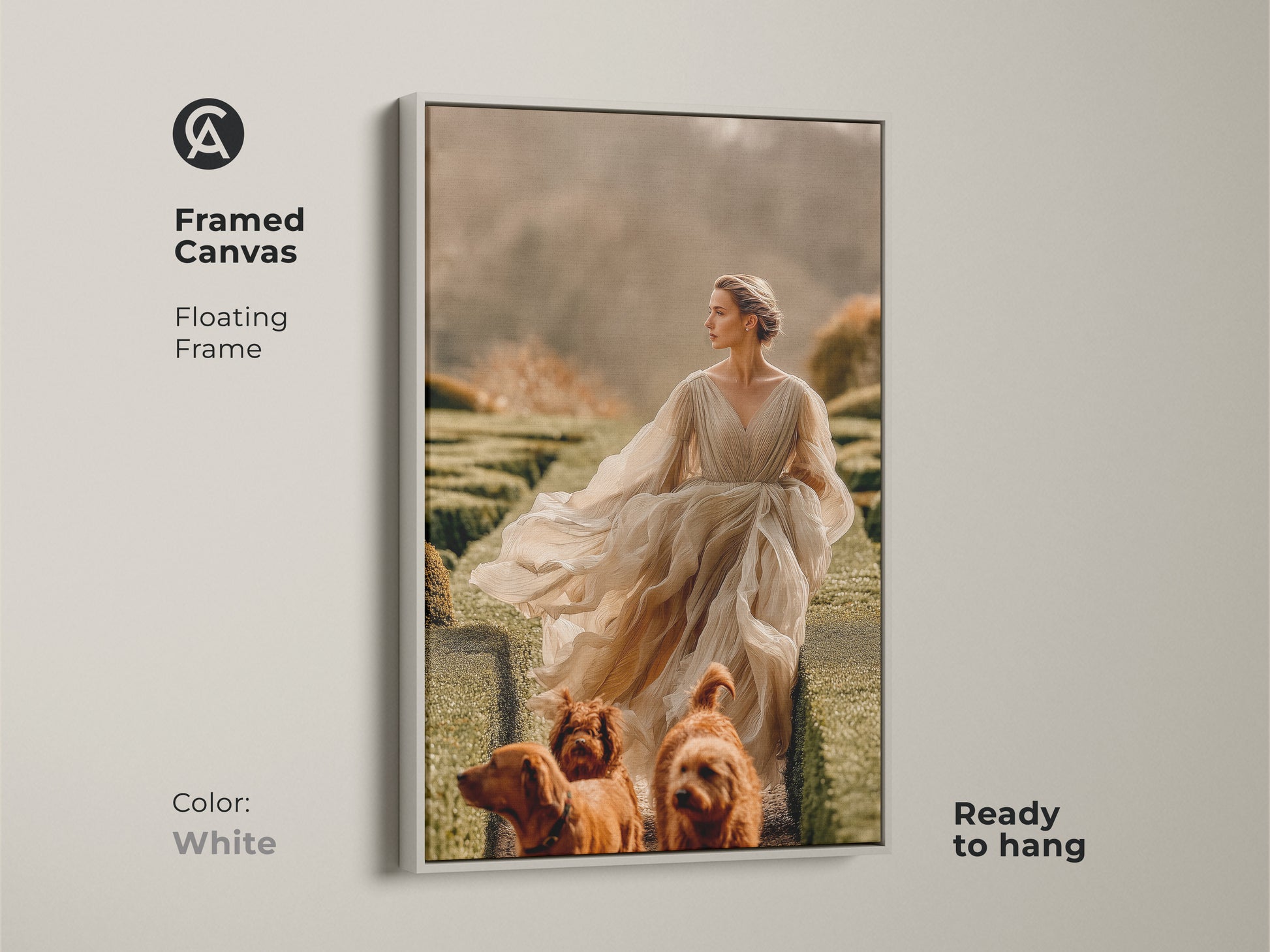 Framed canvas showing woman with dogs artwork. The white floating frame adds a clean modern look. Ideal as pet friendly home decor. The fine art print is ready to hang bringing classic European style to your walls.