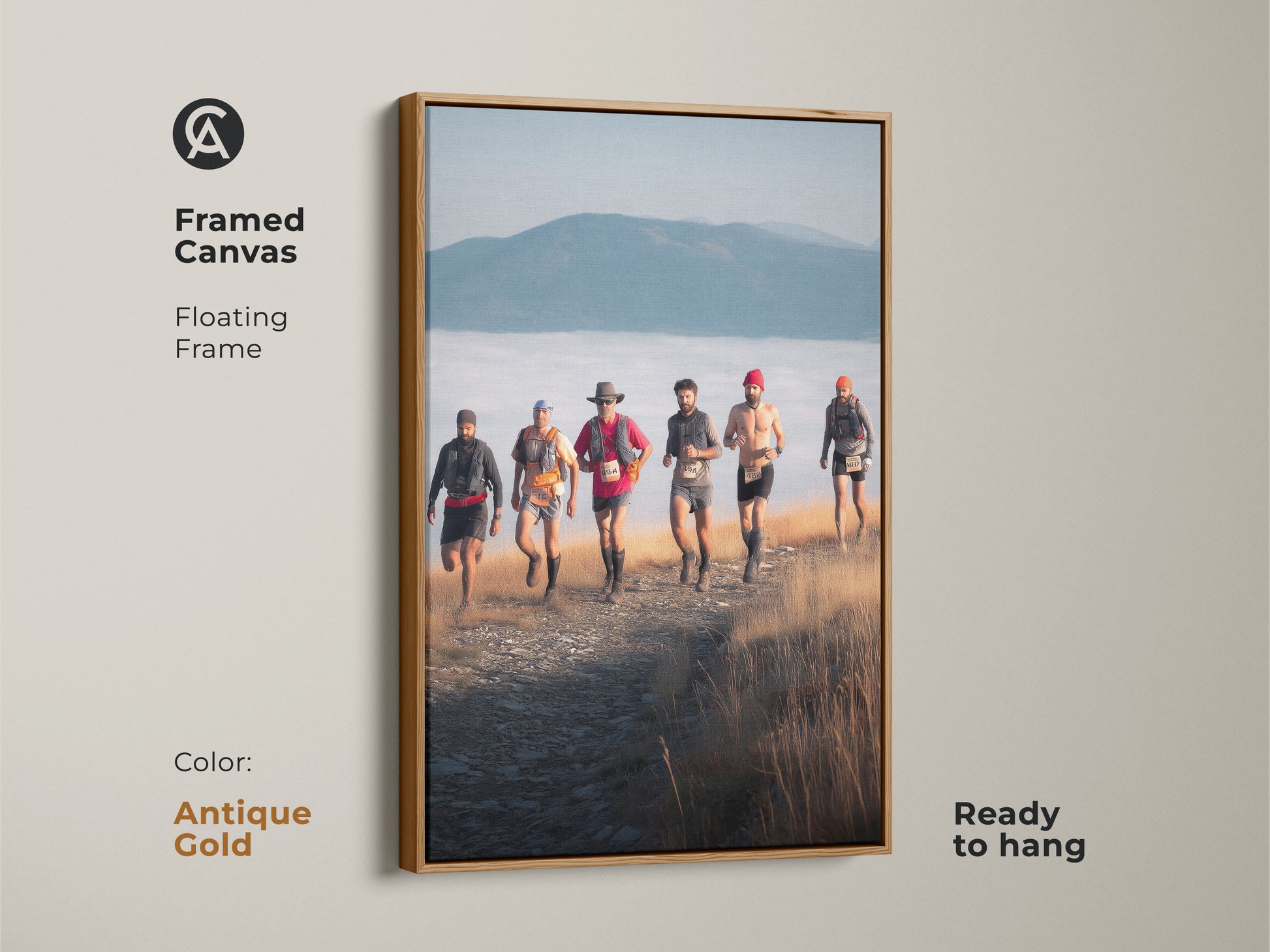 Antique gold framed canvas art of trail runners on a mountain trail. This adventure photography print is a unique piece of rustic wall decor. It's ready to hang and adds elegance to any space. A perfect gift for runners and outdoor lovers.