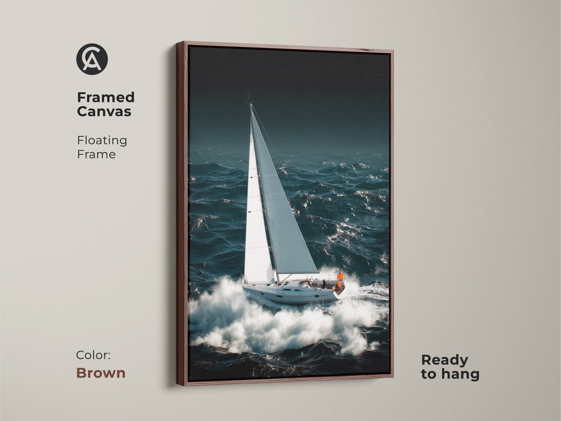 A framed canvas with a floating frame displays sailboat artwork. This brown frame enhances nautical ocean waves in deep teal and white. Ready to hang it is a gift for boat lovers and art enthusiasts.