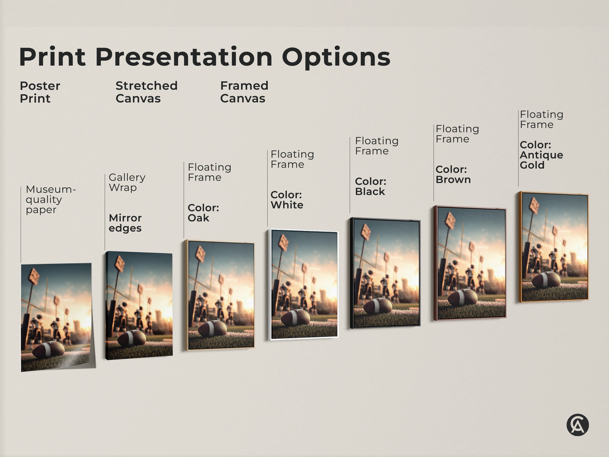 Explore American Football Canvas Print presentation options. Choose from poster prints stretched canvas and framed canvas. Various frame colors are available including oak white black brown and antique gold. Find the perfect style for your man cave or sports bar decor.