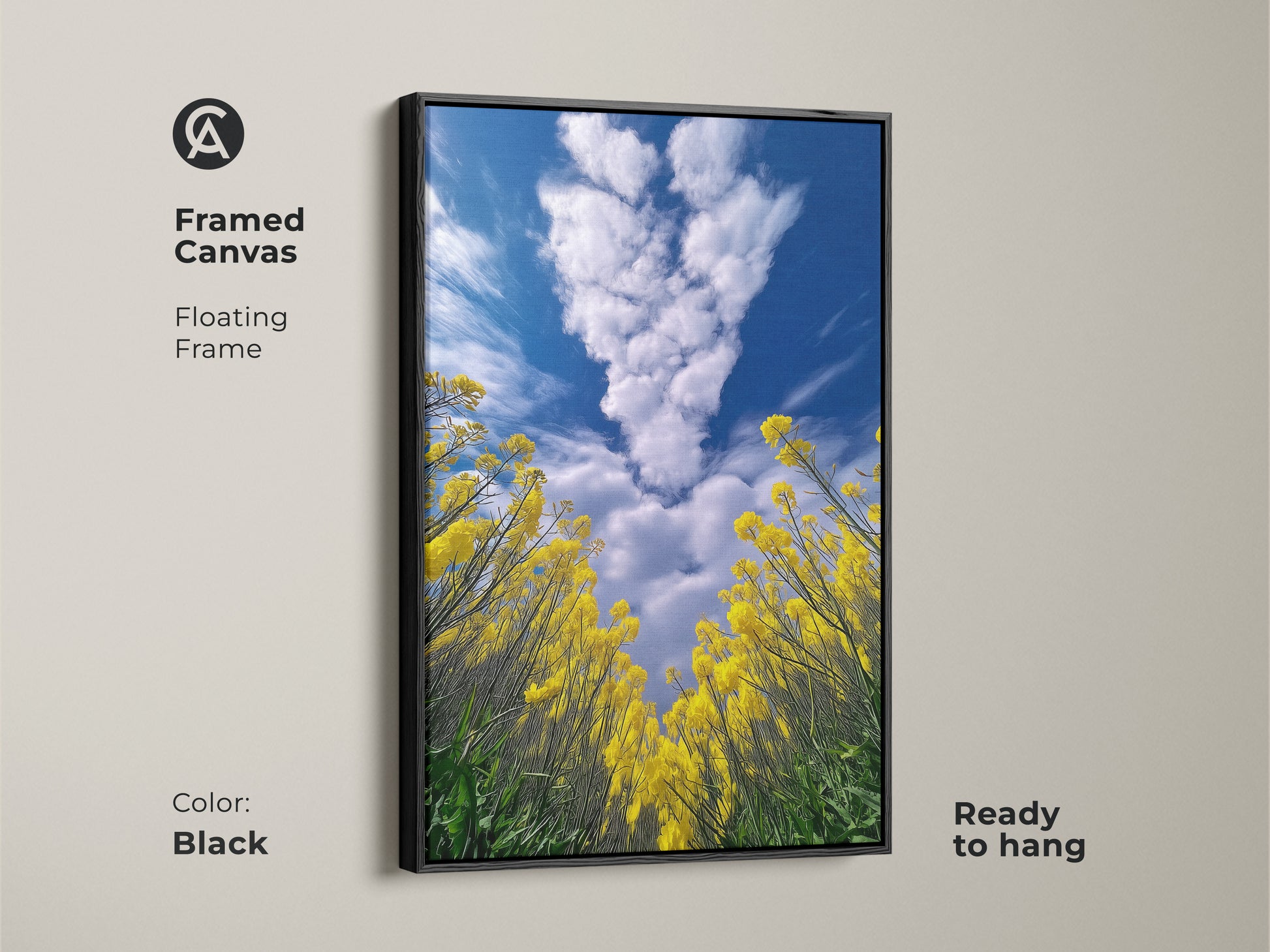 Framed canvas in black. Showcases yellow canola field artwork. The floating frame adds a modern touch. Blue sky and clouds create a peaceful scene. Ready to hang this nature landscape artwork will enhance any room.