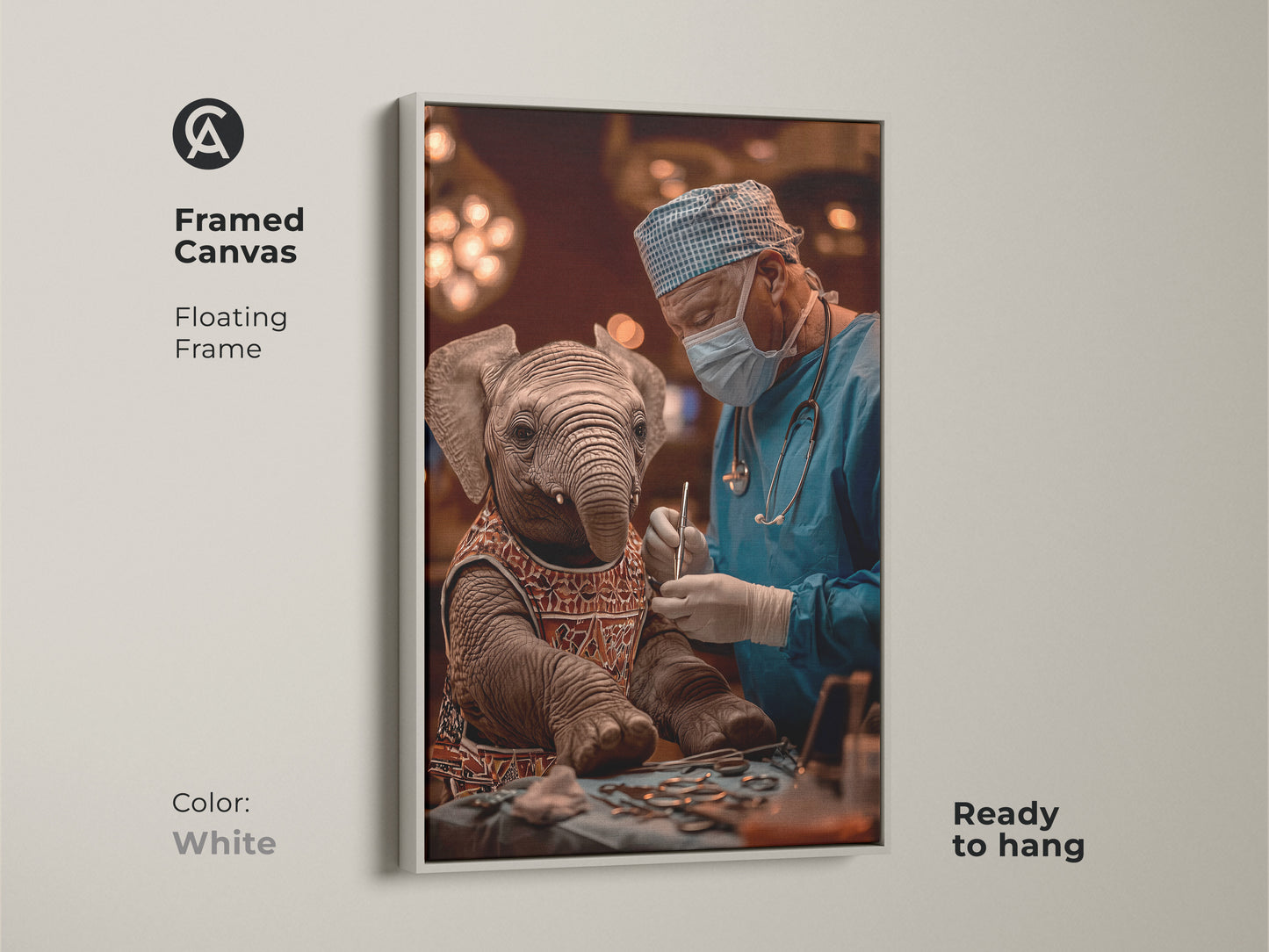 An Elephant Surgeon Framed Canvas in a white floating frame. This ready to hang surreal medical artwork is perfect for veterinary offices. It features a blue and brown animal canvas with quirky surgery elements. It is a thoughtful gift for vets and medical professionals and enhances eclectic home art collections.