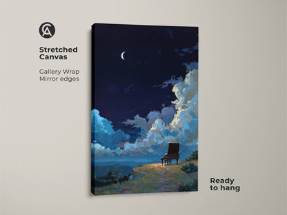 Stretched canvas of surreal grand piano wall art. Gallery wrapped with mirror edges. The dreamy night sky canvas print is ready to hang. Ideal eclectic bedroom wall art.