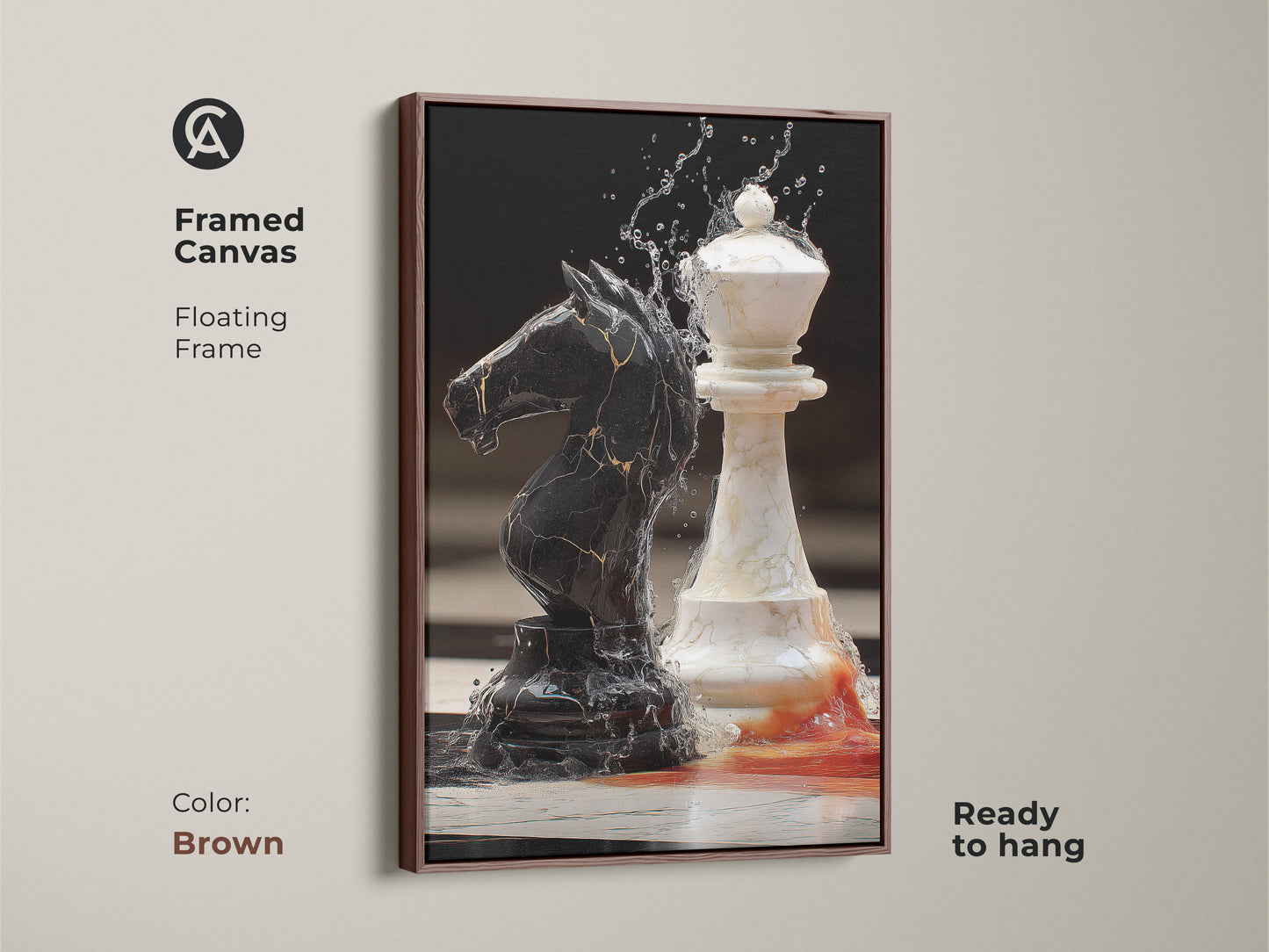 Framed canvas chess art shows black knight queen surrealism. A brown floating frame enhances this modern office wall decor. Ready to hang this abstract strategy artwork is a thoughtful gift for chess players.