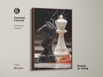 Framed canvas chess art shows black knight queen surrealism. A brown floating frame enhances this modern office wall decor. Ready to hang this abstract strategy artwork is a thoughtful gift for chess players.