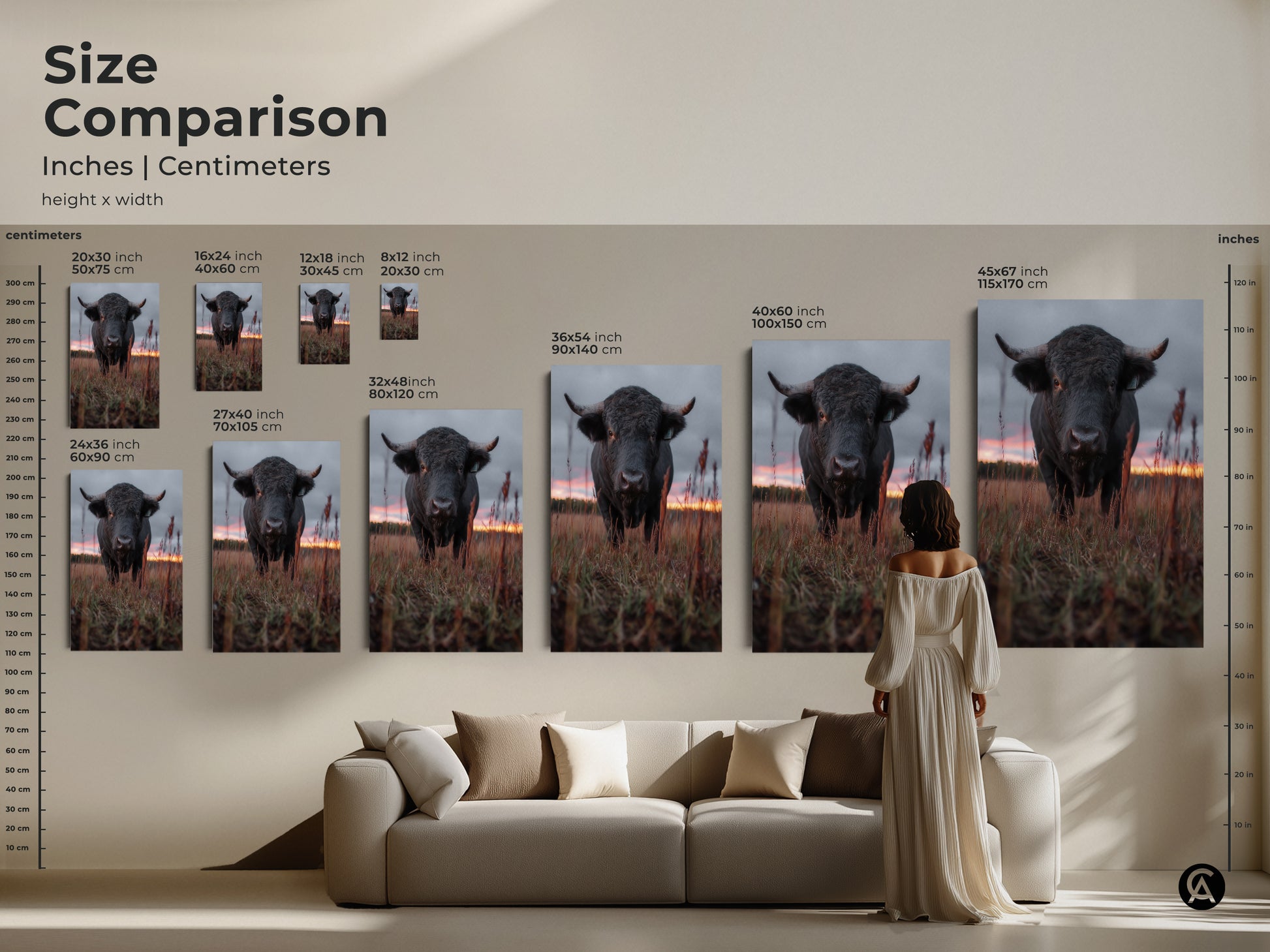 Size comparison of bull artwork in inches and centimeters. Visualize how different sizes fit over a sofa. Choose the perfect rustic farmhouse wall art. Enhance your living room with wildlife animal painting. Available in various sizes.