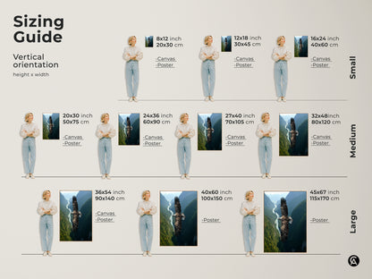 Sizing guide for eagle in flight canvas and poster prints shows vertical orientation. Find the perfect fit from small to large sizes. Visualize how this wildlife photography artwork will look in your space. Ideal for adding rustic nature landscape art to any room. Great as a bird watcher gift or for nature-themed decor.