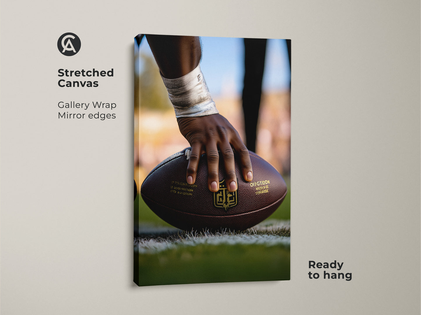Stretched Canvas Print of American Football Action. Features gallery wrapped mirror edges. The artwork showcases a player's hand holding a football. It arrives ready to hang. Perfect sports wall decor for a man cave. This is a great gift for football lovers.