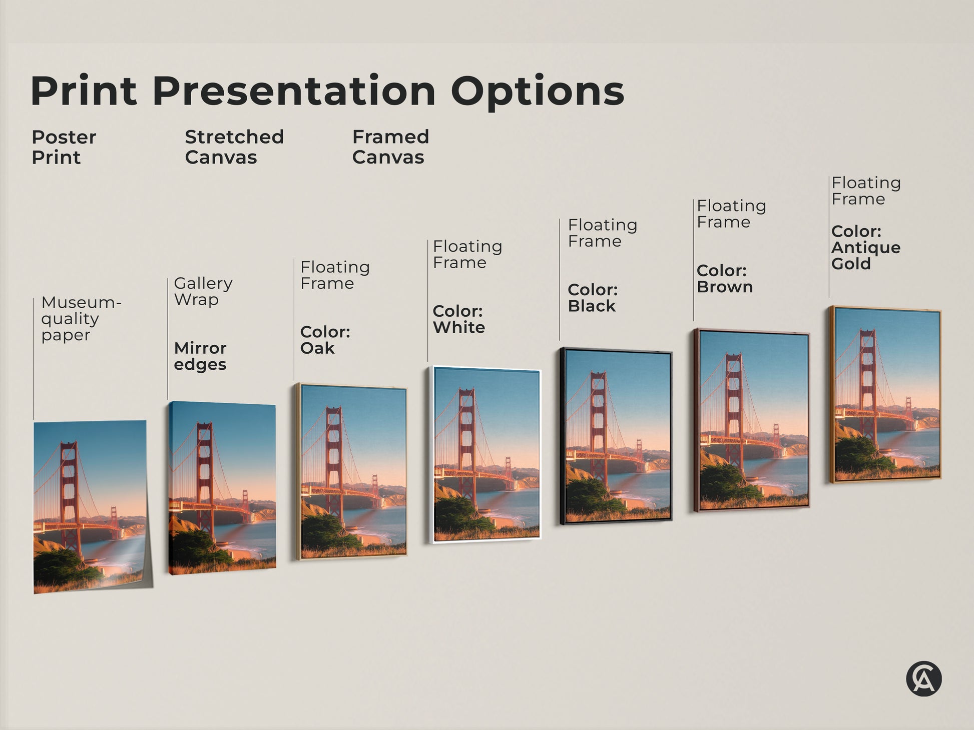 Explore print presentation options for Golden Gate Bridge artwork. Choose from poster prints stretched canvas and framed canvas. Perfect San Francisco cityscape and ocean view decor. Find the ideal travel gift for your home.