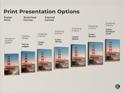 Explore print presentation options for Golden Gate Bridge artwork. Choose from poster prints stretched canvas and framed canvas. Perfect San Francisco cityscape and ocean view decor. Find the ideal travel gift for your home.