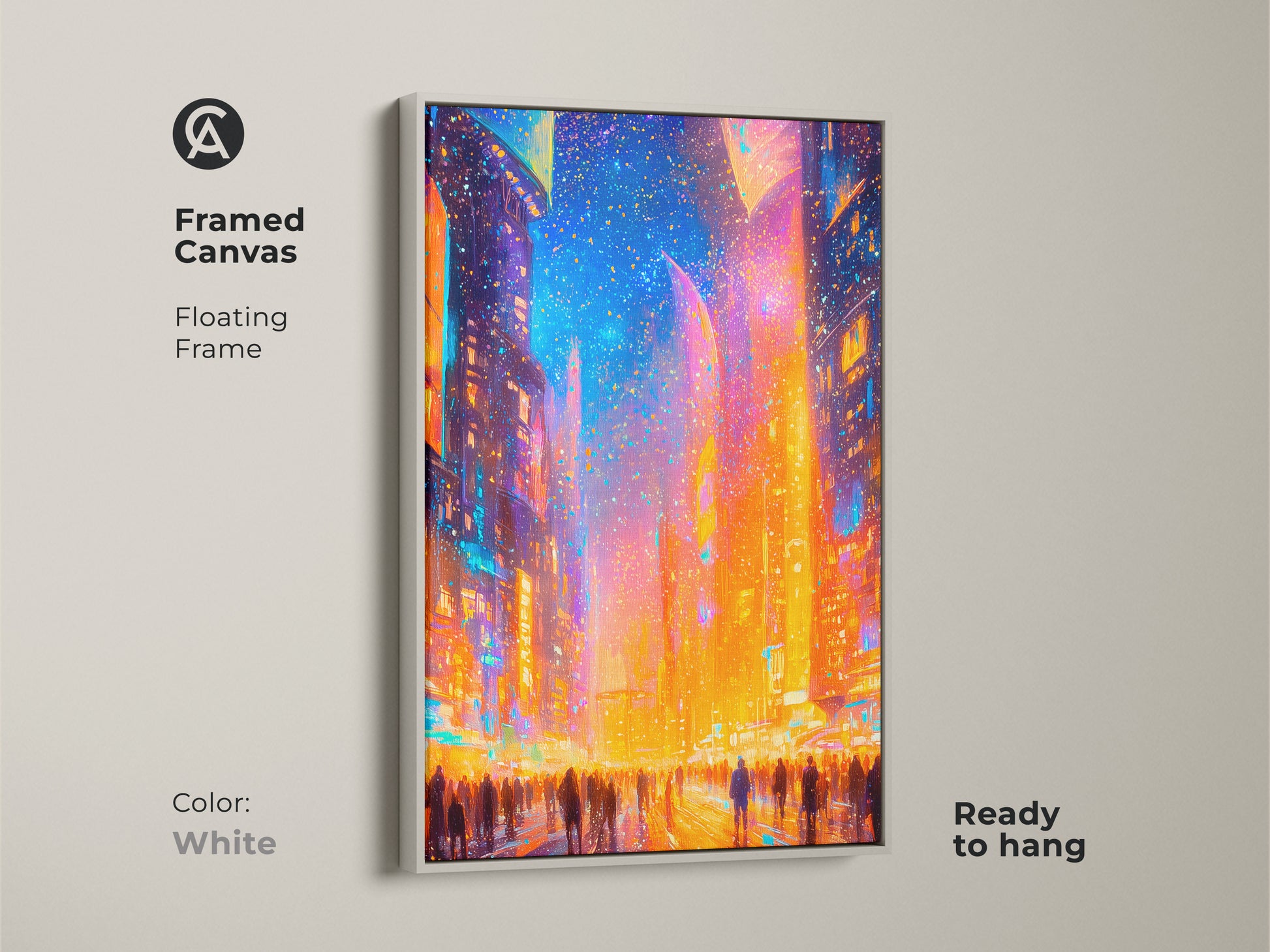 Framed canvas artwork in a white floating frame. The art shows a vibrant cityscape with a crowd. This ready to hang art print offers a clean modern look. The white frame allows the artwork to take center stage.