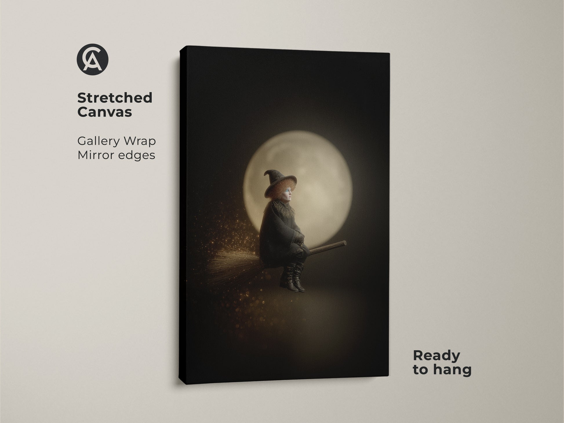 Gallery-wrapped canvas print of a witch flying on a broomstick. This gothic witch wall art features a full moon backdrop. Ready to hang and adds a touch of black and gold fantasy art. Eclectic witchy decor perfect for Halloween. The mirror edges enhance this celestial witch print.