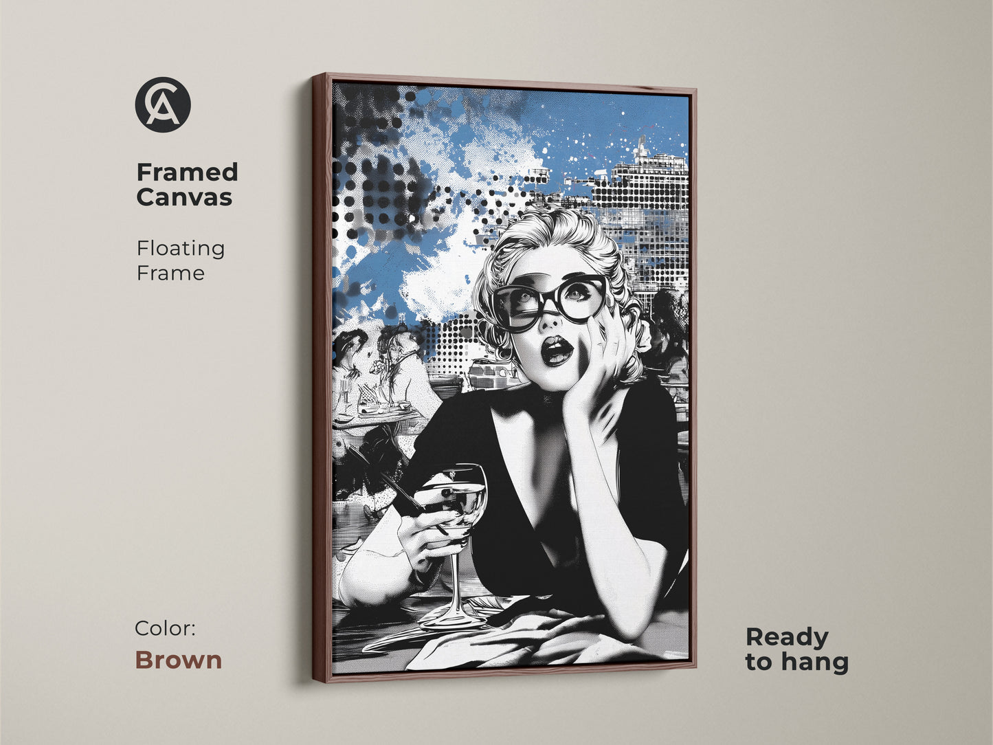 Framed canvas art of a Pop Art woman. A brown floating frame enhances this modern cityscape artwork. Ready to hang this contemporary print is perfect for a chic bedroom. The abstract blue art adds a stylish touch to any office. This art print is an ideal gift for fashion enthusiasts.