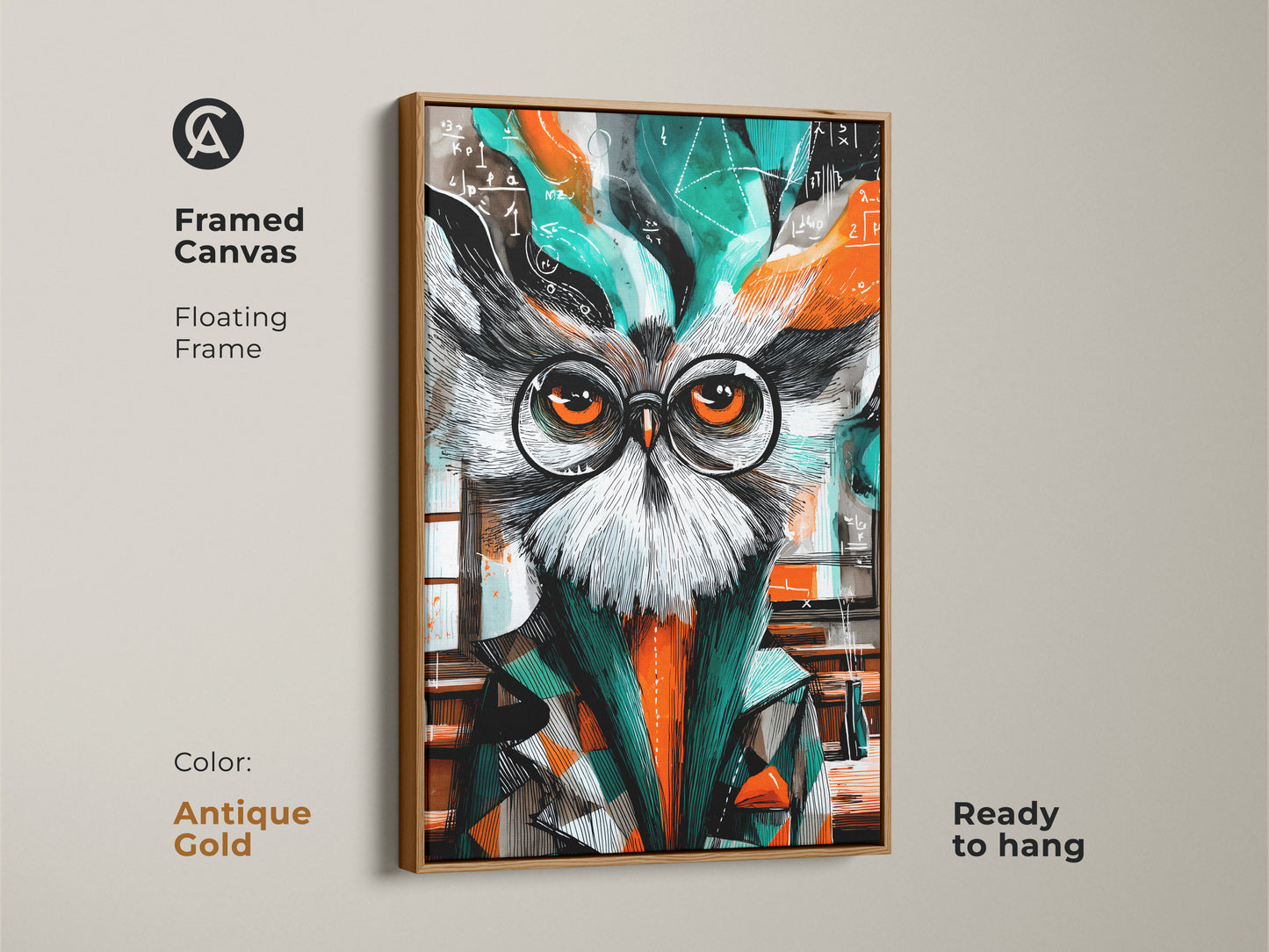 Antique gold frame enhances this owl canvas art. The abstract owl wears glasses surrounded by math formulas. Orange and teal colors pop. This is ideal study room wall art. Also it is a great professor gift idea. Add intellectual and artistic flair to your space.
