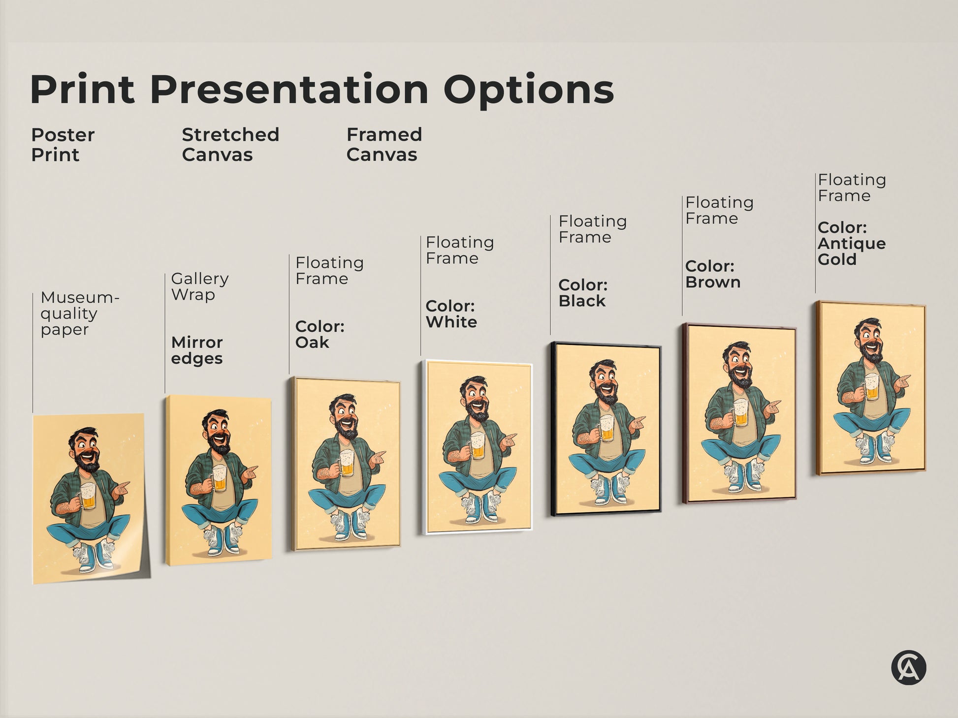 Explore print presentation options. Poster prints stretched canvas and framed canvas artwork of a cartoon man with beer. Find art for your man cave pub or as a Father's Day gift. Choose your style today