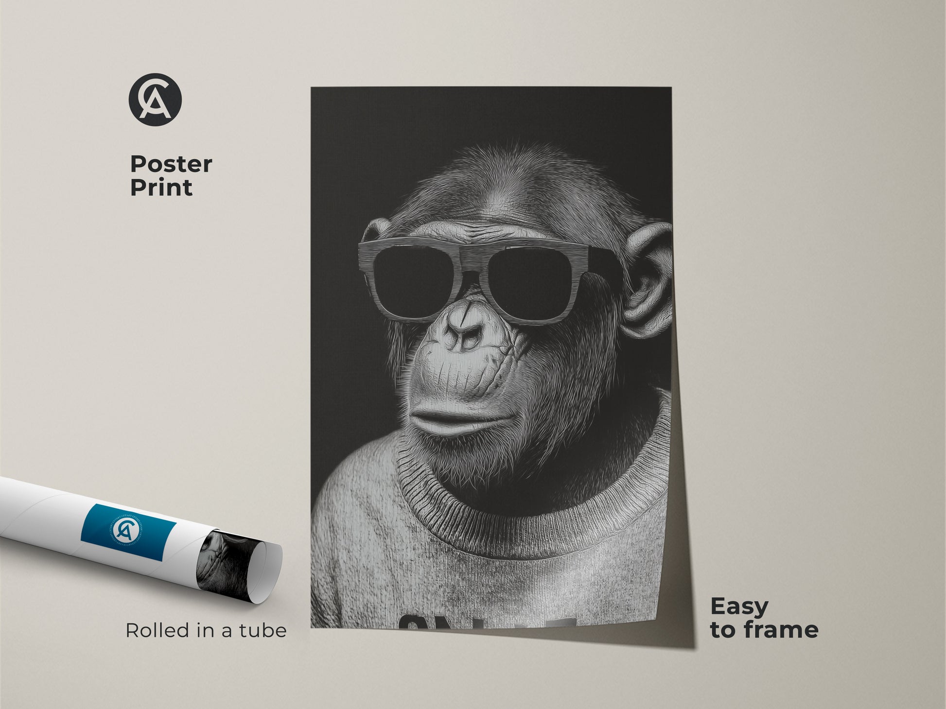 A poster print of a chimpanzee wearing sunglasses is rolled in a tube. The minimalist line art is easy to frame. This monochrome animal portrait makes a cool office accessory. The unique wall decor is a great gift for animal lovers. It is perfect for modern decor.