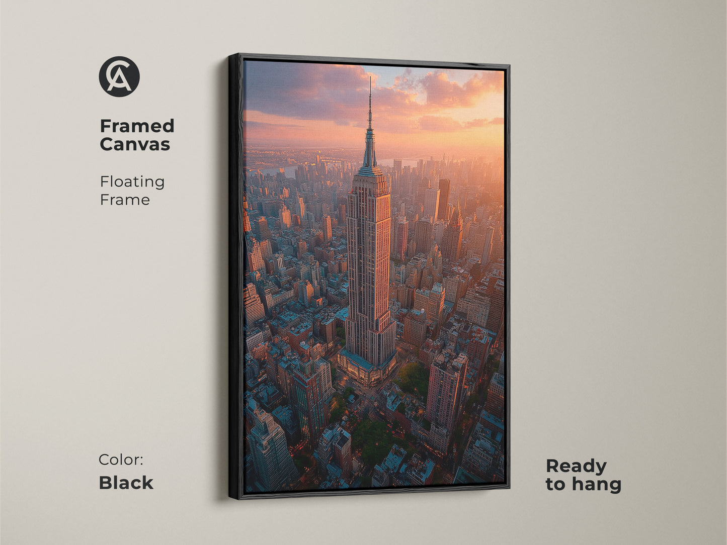 Framed in black this canvas print captures the iconic Empire State Building during a golden sunset aerial view. Ready to hang this piece of NYC wall art adds contemporary flair. The architectural cityscape art is perfect for any modern apartment or office