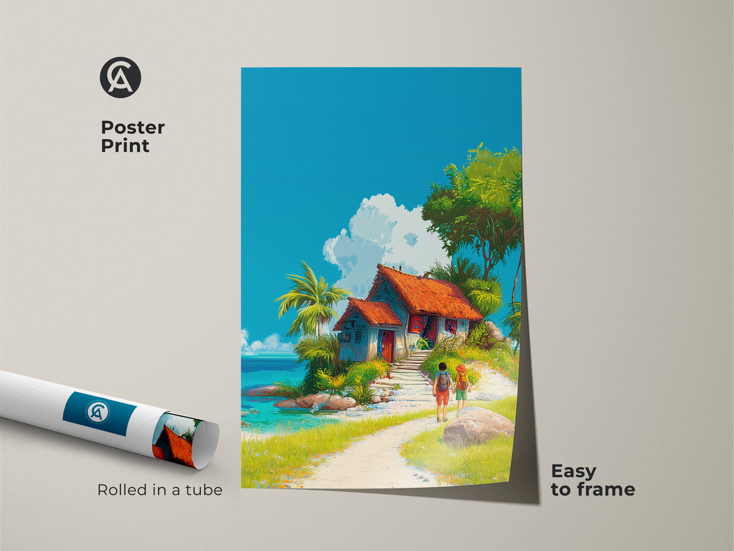 A poster print of a tropical island scene is rolled in a tube. This artwork features a beach house with palm trees. It is easy to frame. The vibrant colors bring a tropical vibe to your space. Purchase this poster for simple decor.
