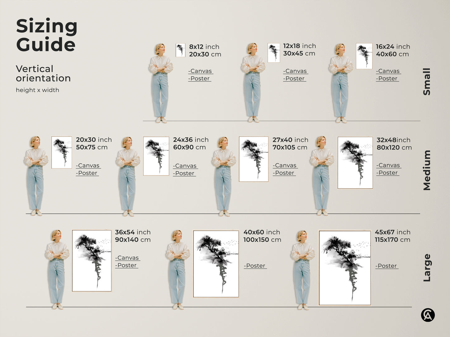 Sizing guide displays vertical orientations. Various sizes shown feature the Ink Wash Tree art. Choose from canvas or poster options. Small medium and large sizes available to fit your space needs.