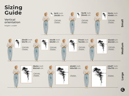 Sizing guide displays vertical orientations. Various sizes shown feature the Ink Wash Tree art. Choose from canvas or poster options. Small medium and large sizes available to fit your space needs.