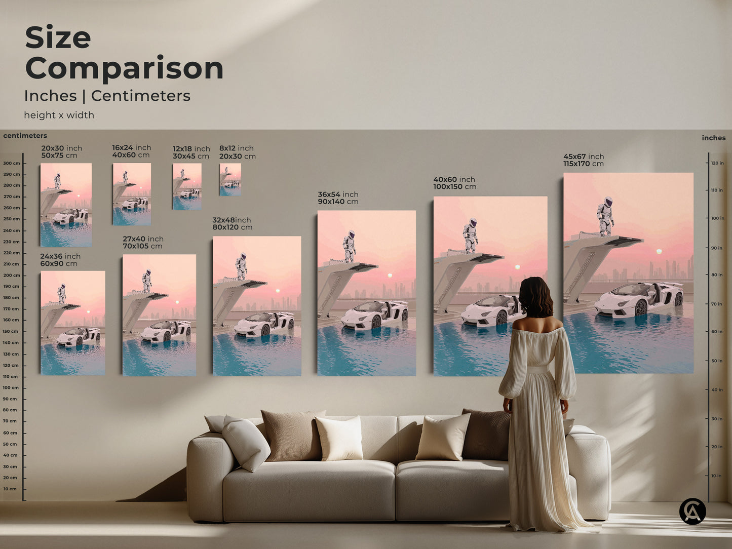 Size comparison of astronaut supercar art prints. See the art in various dimensions to fit any space. Perfect teal pink blue wall art. Choose from sizes like 16x24 24x36 or 40x60 inches. Futuristic and great sci-fi decor gift for car enthusiasts.