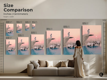 Size comparison of astronaut supercar art prints. See the art in various dimensions to fit any space. Perfect teal pink blue wall art. Choose from sizes like 16x24 24x36 or 40x60 inches. Futuristic and great sci-fi decor gift for car enthusiasts.