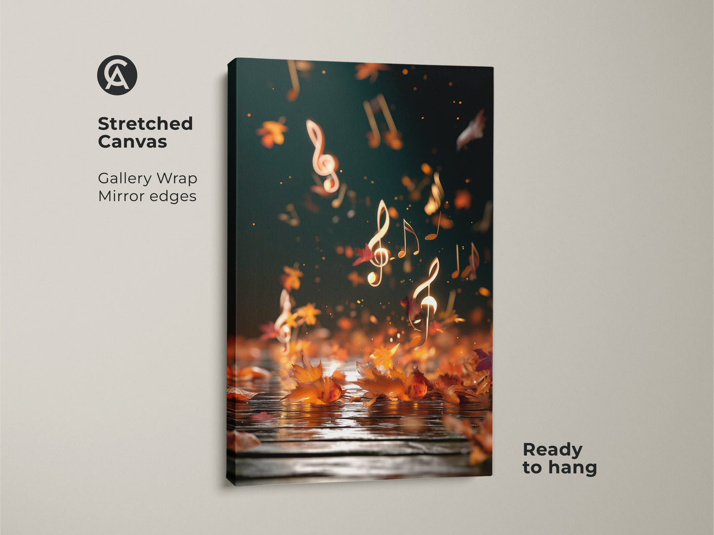 Stretched canvas art with music notes and autumn leaves. This gallery-wrapped canvas features mirror edges. It's a ready-to-hang piece of abstract music notes art. Ideal for music lovers and eclectic home decor. The artwork brings a unique blend of nature and melody to any room.