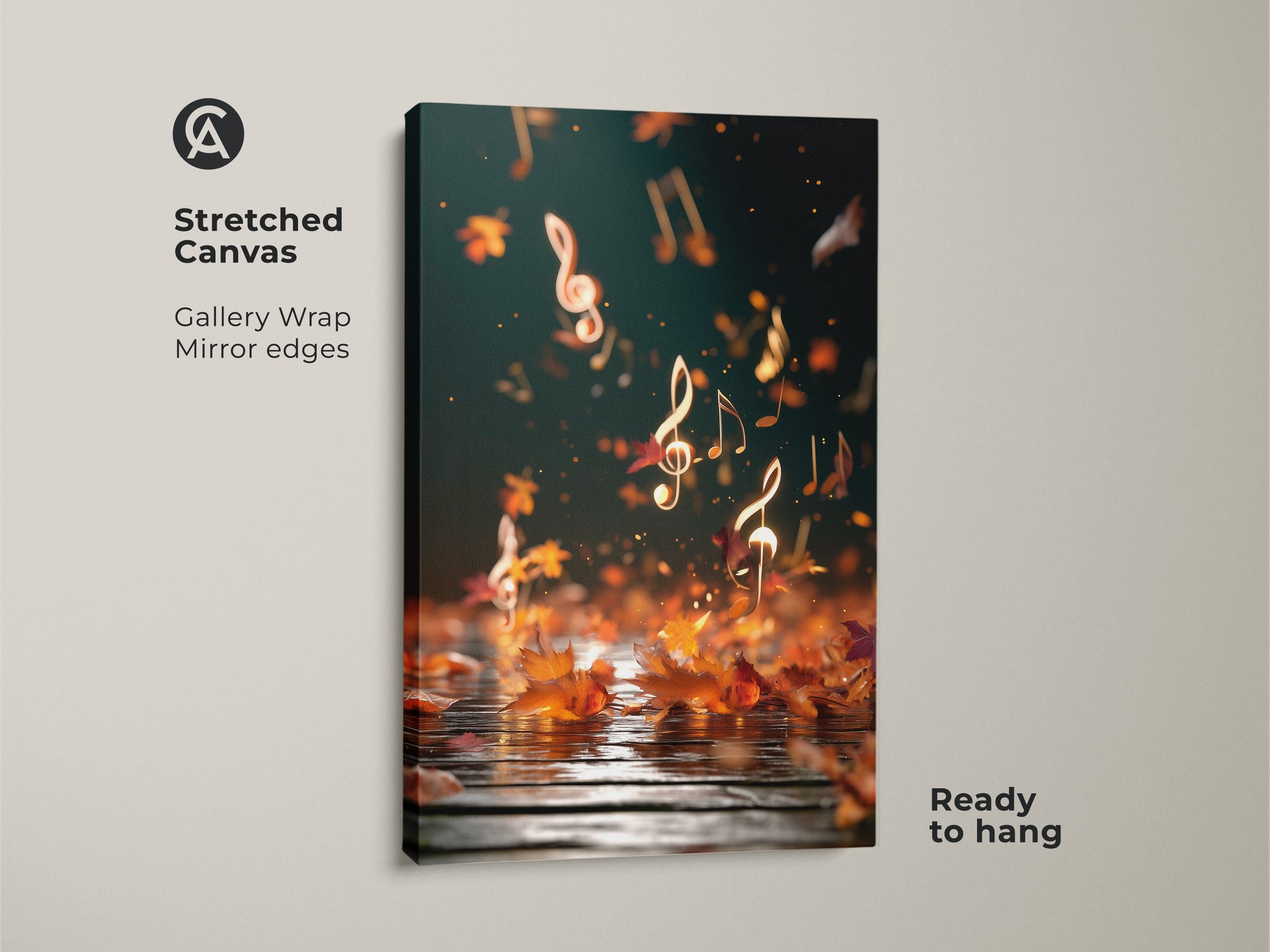 Stretched canvas art with music notes and autumn leaves. This gallery-wrapped canvas features mirror edges. It's a ready-to-hang piece of abstract music notes art. Ideal for music lovers and eclectic home decor. The artwork brings a unique blend of nature and melody to any room.