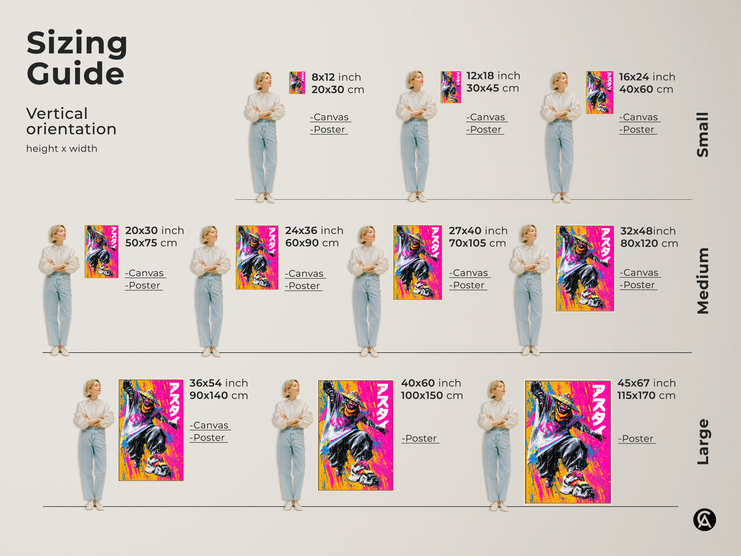 Sizing guide for vertical artwork canvas and poster prints. Available in small medium and large sizes. Visualize the perfect fit for your space. Transform your walls with unique art.