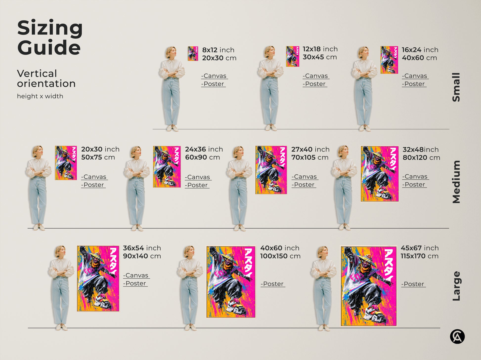 Sizing guide for vertical artwork canvas and poster prints. Available in small medium and large sizes. Visualize the perfect fit for your space. Transform your walls with unique art.