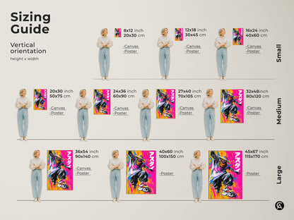 Sizing guide for vertical artwork canvas and poster prints. Available in small medium and large sizes. Visualize the perfect fit for your space. Transform your walls with unique art.
