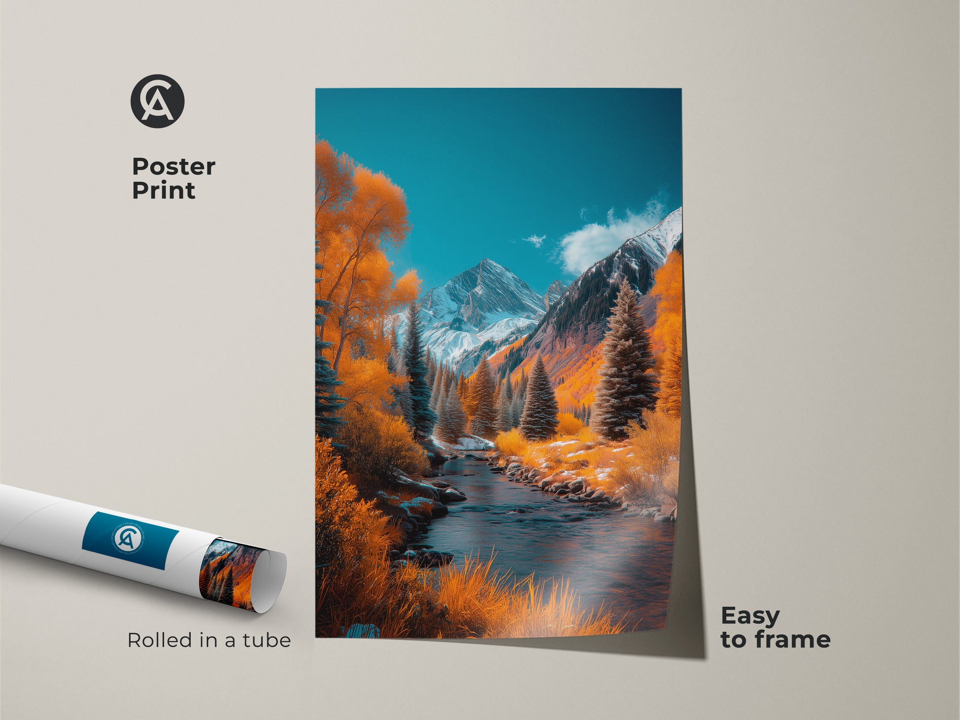 Poster print of a scenic mountain river landscape. Golden autumn trees line the river bank against a backdrop of snowy mountains. The print comes rolled in a tube for protection during shipping. This easy to frame poster art brings nature's beauty to your walls.
