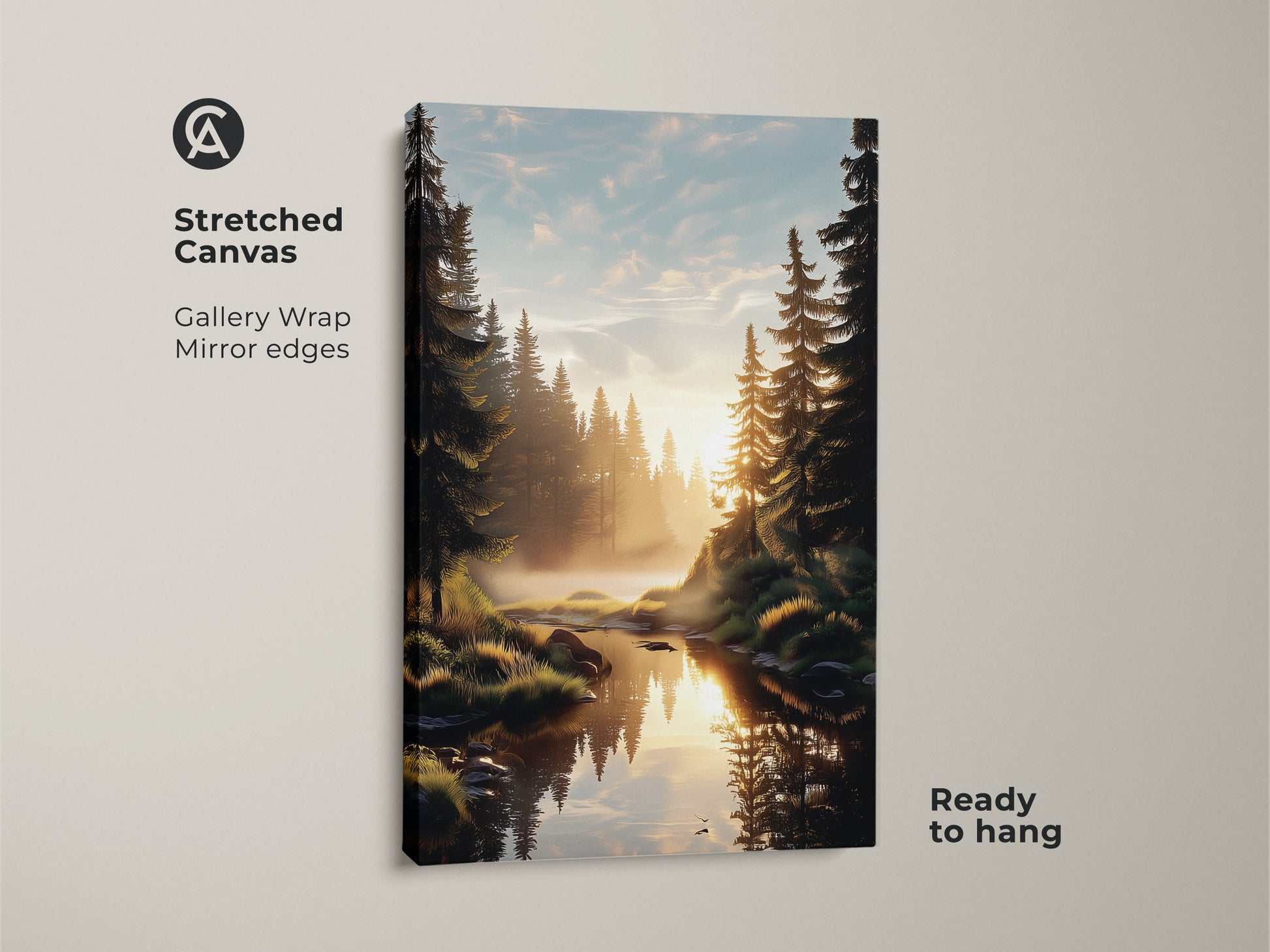 Stretched canvas print of a pine forest river landscape. The golden hour nature art features gallery wrap mirror edges. It's ready to hang and brings rustic charm to any room. This artwork is an ideal gift for outdoor enthusiasts.