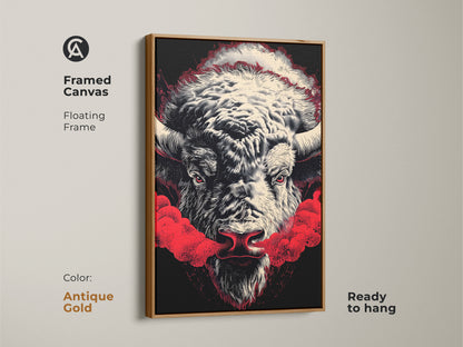 Framed canvas with a floating frame features a buffalo artwork. The antique gold frame adds a touch of elegance. The buffalo art has a black background with vivid red details. Ready to hang this piece brings sophistication. Perfect for collectors.
