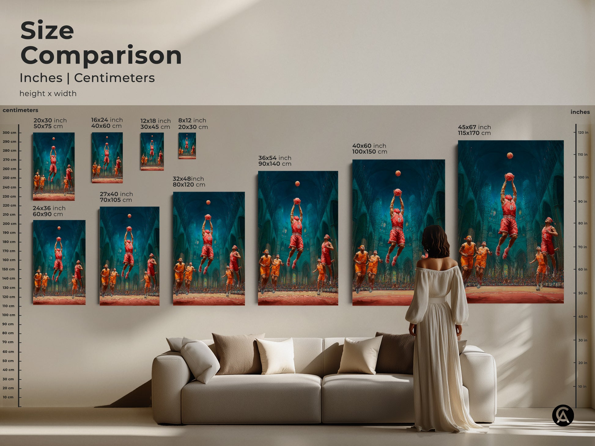 Compare sizes of the basketball dunk cathedral art print in inches and centimeters. Perfect for teen room decor or a unique basketball gift. Choose from canvas or poster options to match your decor and style.