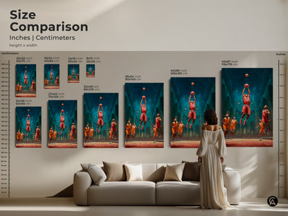 Compare sizes of the basketball dunk cathedral art print in inches and centimeters. Perfect for teen room decor or a unique basketball gift. Choose from canvas or poster options to match your decor and style.