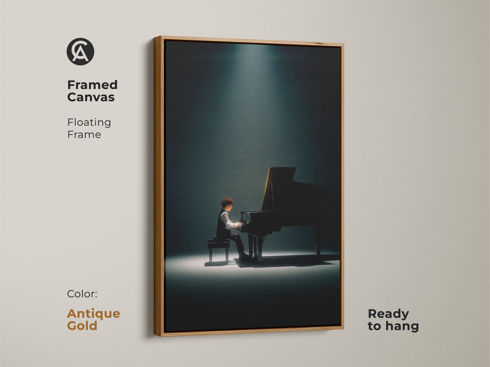 An antique gold framed canvas displaying a pianist in the spotlight. This floating frame art print is ready to hang. It brings a touch of vintage charm to your home art collection.